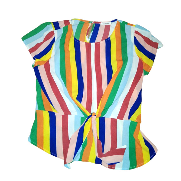 GUC Blu Pepper Rainbow Stripe Blouse Tie Front Flutter Sleeve Size Large (0252) - Picture 1 of 4